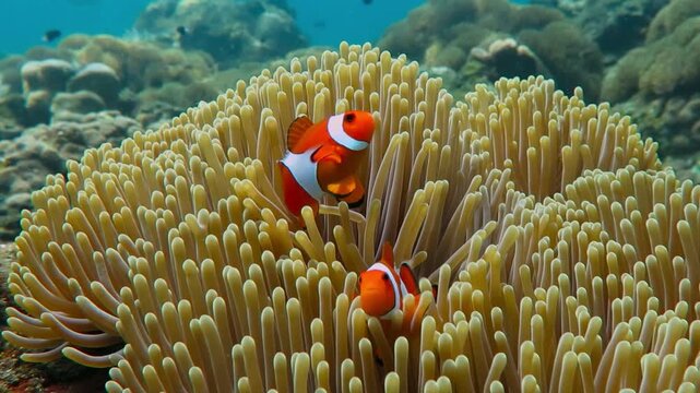 Pair of swimming clownfish in the anemone, colorful healthy coral reef. Couple of Anemonefish underwater. Underwater video from scuba diving on reef. Marine life. Nemo, tropical fish and corals.