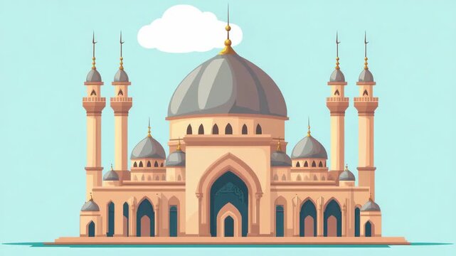 Majestic Mosque with Central Dome and Minarets in Pastel Tones