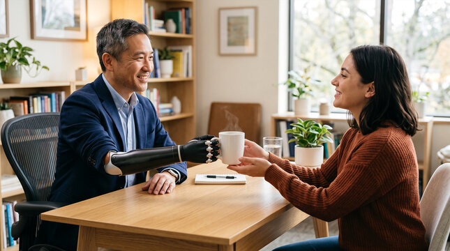 Man with prosthetic arm and woman share coffee in modern home office
