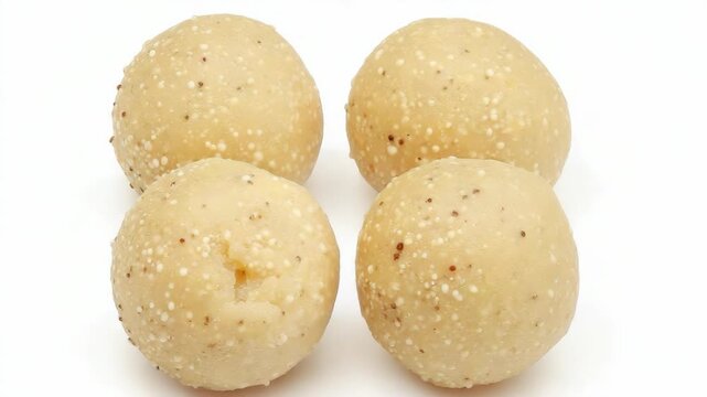 Close-up of traditional sesame seed ladoo sweets on white background