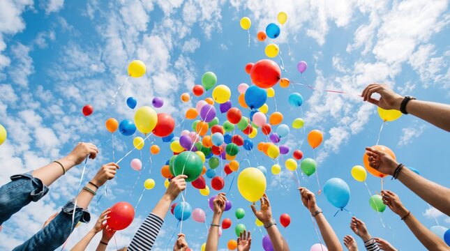 Many hands releasing colorful balloons into the blue sky with white clouds, celebration freedom happiness party, community unity and hope symbol, vibrant festive atmosphere