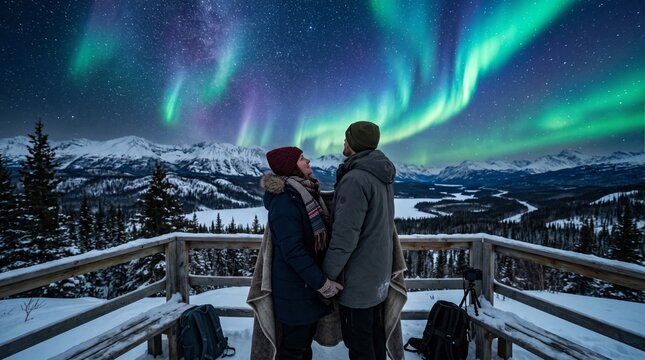 Couple Holding Hands Watching Northern Lights over Snowy Mountain Deck