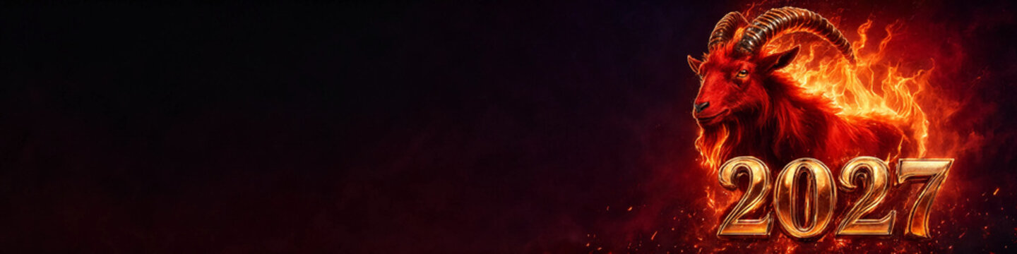 Fiery red goat head with glowing horns and 2027 golden numbers on a dark smoky background, symbol of Chinese New Year 2027