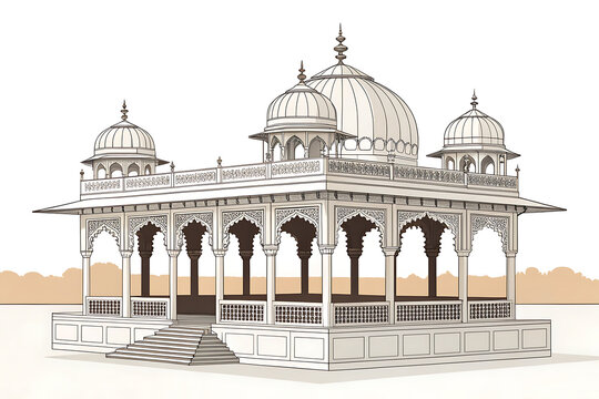 Traditional Indian palace terrace with decorative parapets, chhatris and domed pavilions