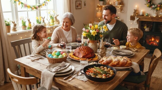 A multigenerational family enjoys a festive Easter dinner together in a warmly decorated dining room.