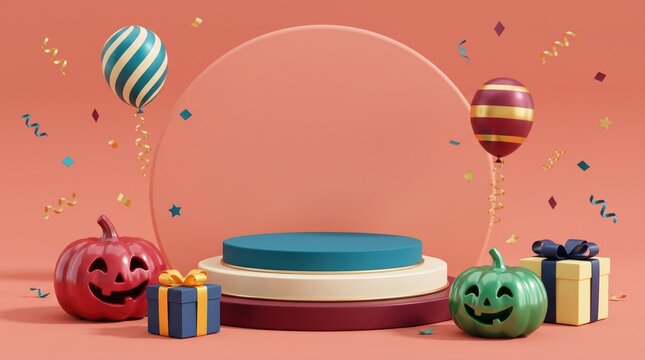 Halloween celebration with colorful gifts and jack o lanterns on pink background