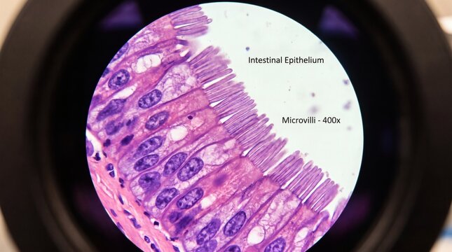 Close-up of intestinal epithelial cells with detailed microvilli structure