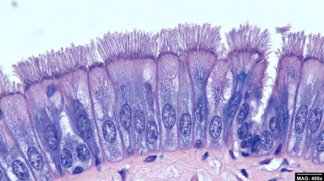 Close-up of intestinal epithelial cells with detailed microvilli structure
