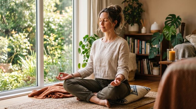 Woman Meditating in Lotus Pose near Garden Window