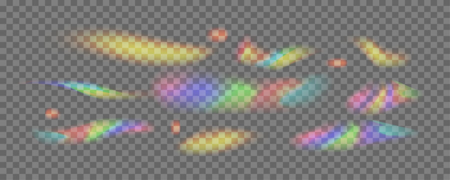 Holographic rainbow light leak prism overlay effect set with chromatic refraction isolated on transparent background. Vector illustration