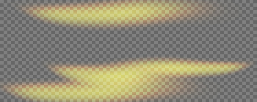Golden light leak overlay effect with glowing lens flare streaks and refraction isolated on transparent background. Vector illustration