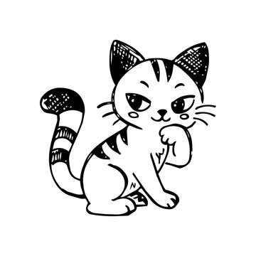 Doodle Style Tabby Cat Cartoon in Bold Sketch Line Art, Cute Black and White Cat Illustration for Stickers and Merchandise
