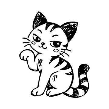 Hand Drawn Tabby Cat Line Art in Sketch Style, Cute Cartoon Feline Illustration for Stickers, Apparel and Pet Graphics