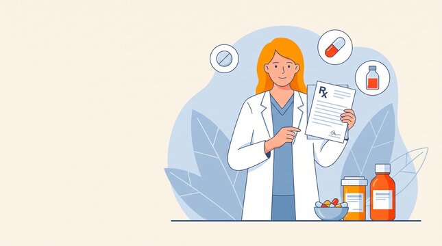 Doctor holding prescription with medicines nearby