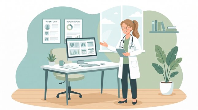 Doctor working at a modern desk with computer