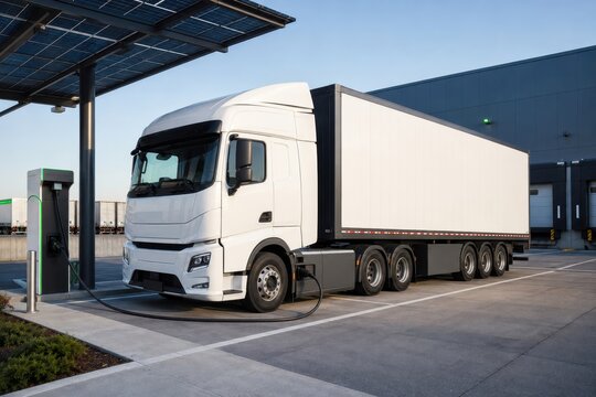 Electric freight truck charging at logistics center