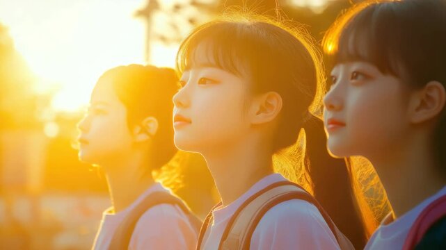 Group of Schoolgirls in Uniform Looking Forward in Sunset Light