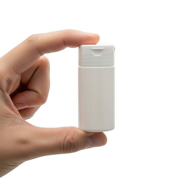 A hand holding a small white plastic cosmetic bottle for travel size products isolated on transparent background