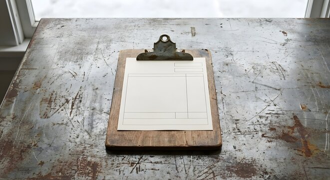 Blank paper document on a vintage wooden clipboard with a rusty clip on a scratched metal table, representing inspection forms, checklists, and templates.