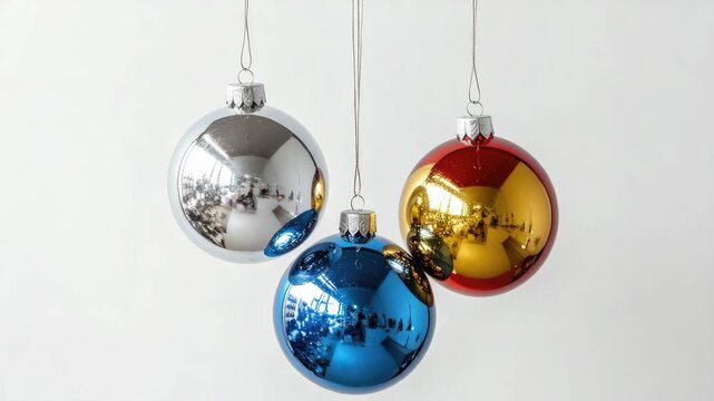 Three Reflective Christmas Baubles on White Background