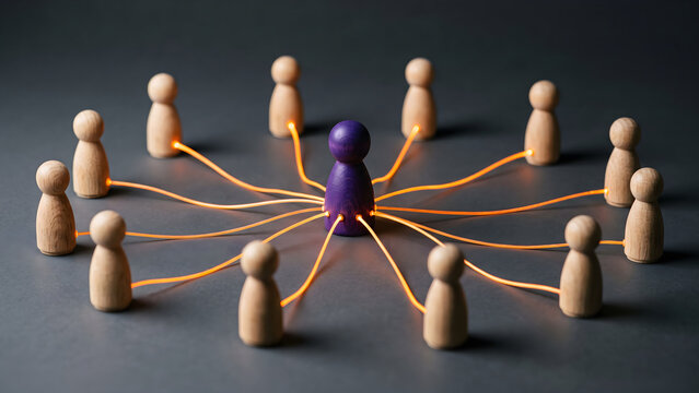 Purple leadership figure connected to a team through glowing light lines representing networking and communication