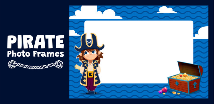 Kids photo frame with funny pirate captain and treasures chest of Caribbean corsairs. Kids photo frame with sea or ocean waves and boy sailor or girl skipper with treasure map scroll in tricorn hat