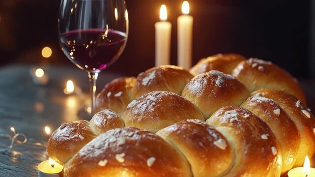 Braided bread loaf with powdered sugar and red wine with glowing candles