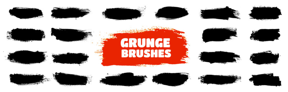 Graffiti ink grunge stain shapes of black smudge spray or paint brush and dirty paintbrush stroke elements set. Grunge paint brush lines or brushstroke smears of black watercolor effect smudges set