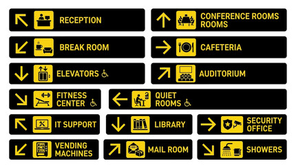 Fototapeta premium Modern Office Wayfinding Signage System Vector Collection Featuring Yellow Icons and Text Labels for Corporate Interior Navigation and Direction