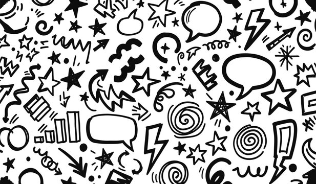 Hand drawn doodle pattern with stars shapes swirls and speech bubbles