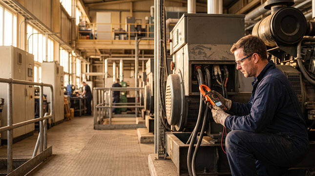 Technician measuring electrical current with clamp meter in industrial power plant
