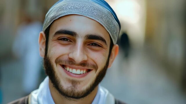 Smiling Muslim Man with Beard Laughing in Traditional Kufi
