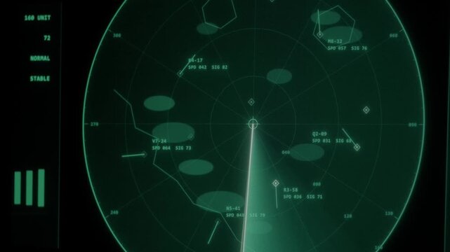 Green digital radar screen with a scanning sweep, displaying real-time surveillance data and multiple tracked targets. Futuristic interface for security and monitoring. For technology concepts.
