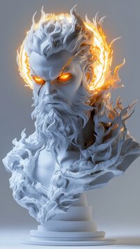The entire body is matte white, with a mythological style bust. The figure has flamboyant hair and beard, and the flames surrounding the eyes and head glow with a warm light, giving the whole surreal