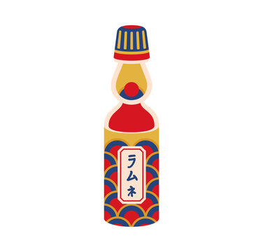 Ramune soda bottle summer festival of Japan, matsuri holiday icon. Glass flask of beverage drink decorated with traditional Japanese seigaiha wave pattern in red, blue or gold colors and capped neck