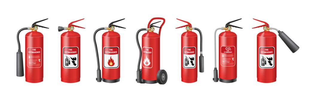Fire safety equipment illustration featuring red extinguisher with flame symbols. Essential firefighting tools and emergency protection gear shown in detailed vector format.