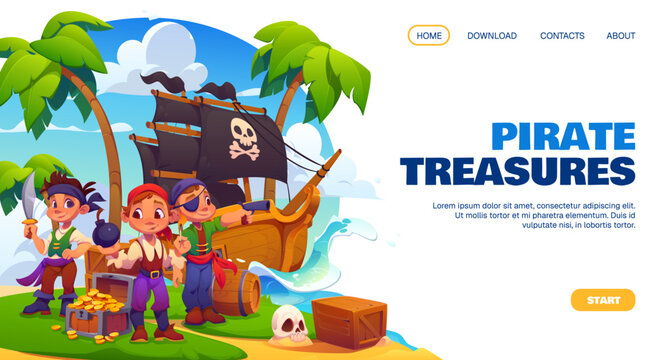 Cartoon Caribbean pirate characters, kids party landing page with children corsairs on tropical island beach beside a skull flag ship and open chest of gold coins ready for adventure and costume party