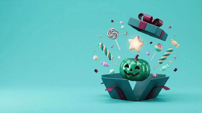Halloween treats and gifts pop out of a teal gift box