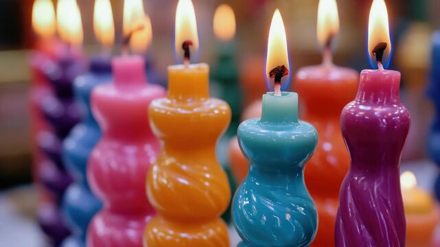Close-up of Burning Multicolored Twisted Candles
