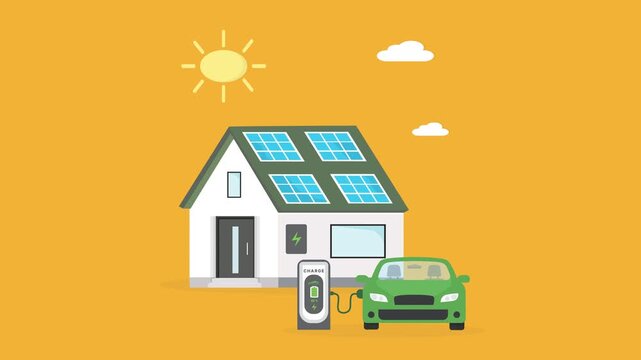 Green House with Solar Panels and Electric Vehicle Charging &ndash; Renewable Energy and Savings Concept