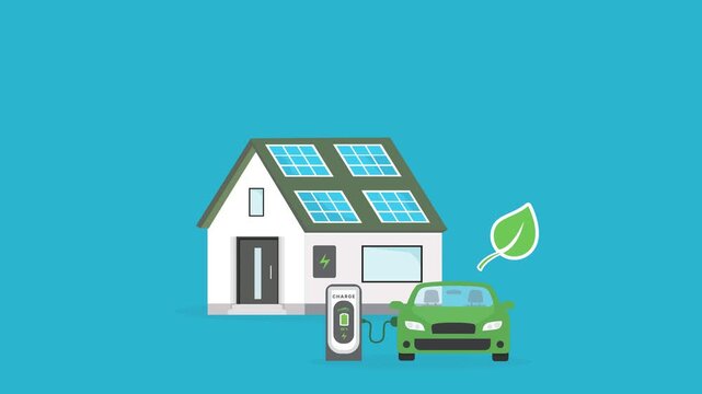 Green House with Solar Panels and Electric Vehicle Charging &ndash; Renewable Energy and Savings Concept