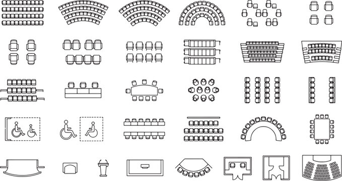 Set of seating arrangement icons for conference rooms and auditoriums in a clean linear vector style