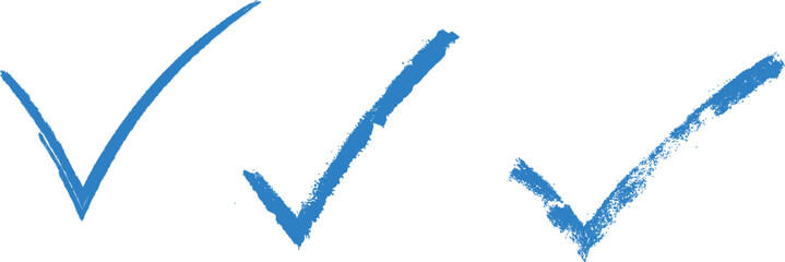 Set of three blue hand drawn check mark symbols with different brush textures on transparent base. © The king of vectors