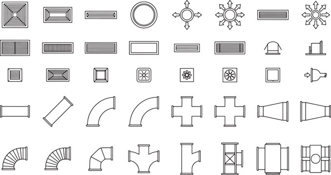 Set of HVAC ventilation duct icons and air vent symbols in a clean black line art style