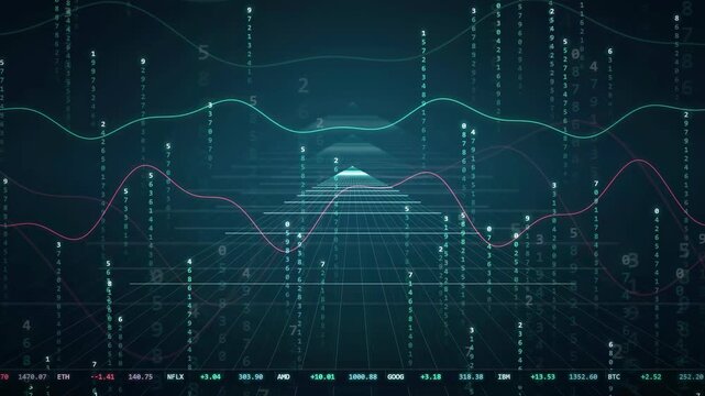 Abstract digital data visualization with flowing wave lines and binary code on dark blue background