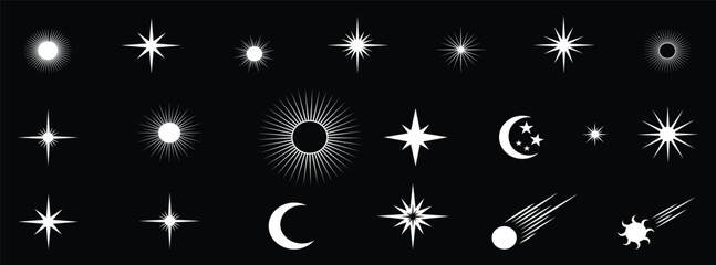 celestial icon collection with stars moon sparkle sunburst and shooting star symbols © The Studio Next