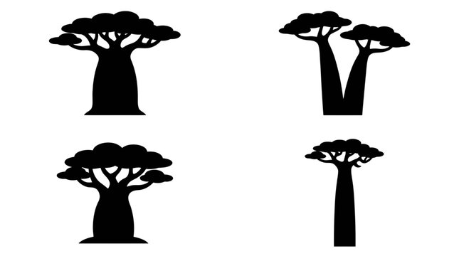 Baobab tree silhouettes in minimalist black vector style