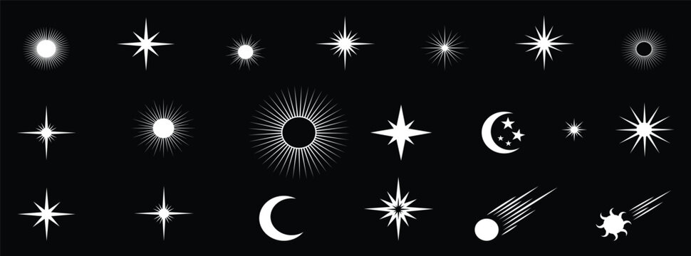 celestial icon collection with stars moon sparkle sunburst and shooting star symbols