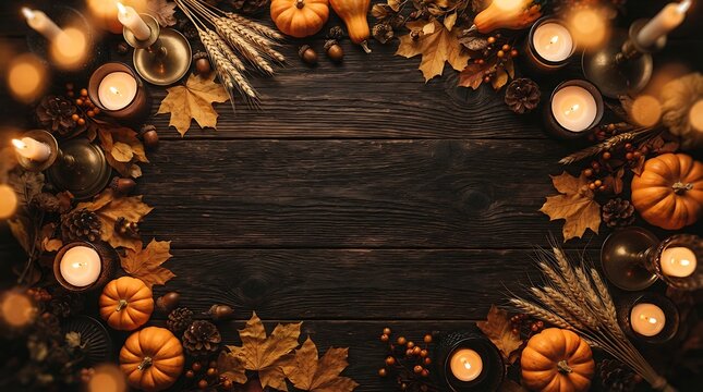 Autumnal floral border with dark wood background for seasonal design
