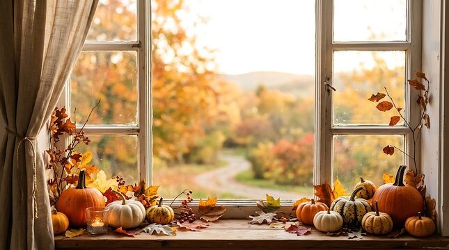 Autumn still life viewed through a bright window with fall foliage